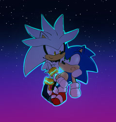 Size: 2048x2144 | Tagged: safe, artist:star-stages, hedgehog, 2026, carrying them, chibi, cute, duo, duo male, floating, flying, gay, looking at each other, male, males only, mid-air, psychokinesis, shipping, silvabetes, silver, silver x sonic, smile, sonabetes, sonic, star (sky)