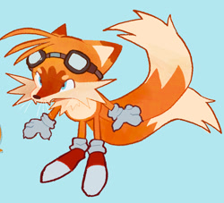 Size: 2034x1847 | Tagged: safe, artist:speedperfected, miles "tails" prower, fox, 2025, beanbrows, blue background, claws, eyewear on head, fangs, fur markings, goggles, goggles on head, looking offscreen, male, simple background, solo, solo male, standing, whiskers