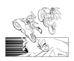 Size: 2000x1646 | Tagged: safe, artist:guitar_00000001, shadow the hedgehog, sonic the hedgehog, 2025, duo, eyes closed, greyscale, gun, holding something, monochrome, motorcycle, simple background, sketch, smile, white background