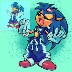 Size: 2048x2048 | Tagged: safe, artist:jojoleafy1234, sonic the hedgehog, hedgehog, 2025, clothes, crop jacket, ear piercing, earring, eyelashes, eyes closed, female, gender swap, hand out, hands out, headband, jacket, midriff, mouth open, one fang, open smile, pants, redraw, smile, solo, solo female, standing