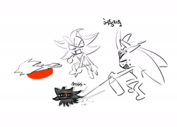 Size: 1780x1275 | Tagged: safe, artist:guitar_00000001, mephiles the dark, shadow the hedgehog, silver the hedgehog, sonic the hedgehog, sonic the hedgehog (2006), 2025, group, holding something, korean text, literal animal, looking at them, simple background, sketch, spray can, standing, white background