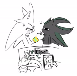 Size: 2067x2035 | Tagged: safe, artist:guitar_00000001, blaze the cat, mephiles the dark, silver the hedgehog, sonic the hedgehog (2006), 2025, angry, driving, heart, holding something, implied shipping, implied silvaze, implied straight, looking at each other, looking at them, meme, simple background, trio, white background