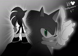 Size: 1814x1309 | Tagged: safe, artist:guitar_00000001, sonic the hedgehog, 2025, english text, greyscale, kingdom hearts, looking at viewer, monochrome, solo, spot color, standing