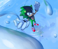 Size: 2000x1692 | Tagged: safe, artist:tokketsu, oc, oc:ashura the hedgehog, hedgehog, 2020, from above, frown, gloves, hand up, hands up, hydrokinesis, looking at viewer, looking up, looking up at viewer, male, oc only, shoes, solo, solo male, sonic's shoes, standing, water