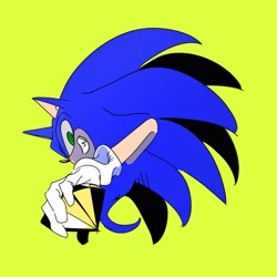 Size: 1851x1850 | Tagged: safe, artist:guitar_00000001, sonic the hedgehog, 2025, chaos emerald, green background, grin, holding something, looking at viewer, simple background, smile, solo