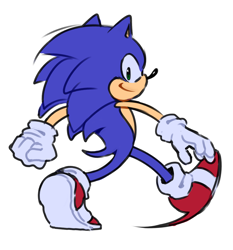 Size: 1560x1677 | Tagged: safe, artist:tokketsu, sonic the hedgehog, hedgehog, 2022, clenched fist, flat colors, looking at viewer, looking back, looking back at viewer, male, simple background, smile, solo, solo male, treads, walking, white background