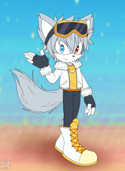 Size: 1600x2200 | Tagged: safe, artist:starshiney-chan, oc, oc:seirou ren, wolf, 2025, ageless, black gloves, boots, coat, eyewear on head, fingerless gloves, flat colors, gloves, goggles, goggles on head, heterochromia, looking at viewer, male, oc only, pants, shirt, shoelaces, ski goggles, smile, solo, solo male, standing