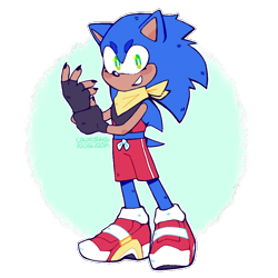 Size: 900x900 | Tagged: safe, artist:colortraks, sonic the hedgehog, hedgehog, 2020, beanbrows, black gloves, blushing, crop top, eyelashes, fingerless gloves, fixing glove, gloves, male, painted fingernails, redesign, semi-transparent background, shoes, shorts, smile, smiling at viewer, soap shoes, solo, solo male, standing