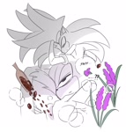 Size: 1736x1822 | Tagged: safe, artist:guitar_00000001, shadow the hedgehog, sonic the hedgehog, 2025, coffee beans, duo, english text, flower, gay, lavender, lidded eyes, lying down, monochrome, shadow x sonic, shipping, simple background, sleeping, white background