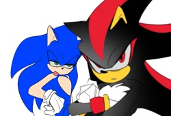 Size: 1253x852 | Tagged: safe, artist:guitar_00000001, shadow the hedgehog, sonic the hedgehog, 2025, arms folded, duo, lidded eyes, looking at viewer, simple background, tongue out, white background