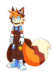 Size: 1202x1653 | Tagged: safe, artist:chaosfetti, miles "tails" prower, fox, 2024, arm fluff, belt, blue shoes, boots, clothes, ear fluff, eyebrow clipping through hair, eyewear on head, freckles, fur markings, gloves, goggles, goggles on head, male, neck fluff, overalls, redesign, shirt, simple background, smile, solo, solo male, standing, white background