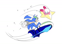 Size: 2000x1512 | Tagged: safe, artist:guitar_00000001, sonic the hedgehog, 2025, crossover, duo, extreme gear, grin, kirby, looking at them, riders outfit, simple background, smile, sonic riders, sparkles, white background
