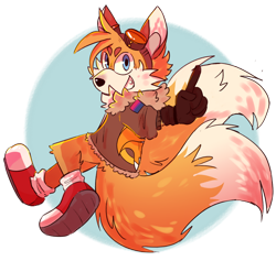 Size: 1024x970 | Tagged: safe, artist:rhinobeetlez, miles "tails" prower, fox, 2020, aviator jacket, beanbrows, bisexual, bisexual pride, brown gloves, chest fluff, clothes, ear fluff, eyewear on head, gloves, goggles, goggles on head, jacket, leg fluff, male, pointing, posing, redesign, redraw, semi-transparent background, shoes, smile, smiling at viewer, solo, solo male, tail fluff