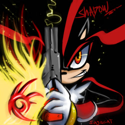 Size: 700x700 | Tagged: safe, artist:sayacat, shadow the hedgehog, 2007, character name, gun, holding something, looking at viewer, male, shadow's logo, signature, smile, smiling at viewer, solo, solo male, text