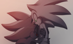 Size: 1560x949 | Tagged: safe, artist:aidenunu, shadow the hedgehog, sonic the hedgehog, hedgehog, 2014, clenched teeth, duo, duo male, frown, gay, gradient background, greyscale, holding them, lidded eyes, looking at them, male, males only, monochrome, shadow x sonic, shipping, spot color, standing, watermark, youtube link in description