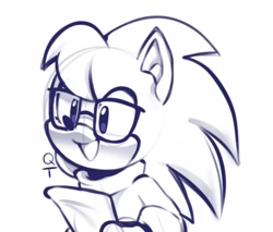 Size: 2048x1743 | Tagged: safe, artist:qtcakesentry, nicky, hedgehog, 2025, glasses, holding something, line art, looking offscreen, male, monochrome, shirt, signature, simple background, smile, solo, solo male, white background