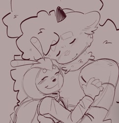 Size: 1479x1525 | Tagged: safe, artist:snazzyddawg, jewel the beetle, lanolin the sheep, beetle, sheep, 2026, bug, claws, cute, duo, duo female, eyebrow clipping through hair, eyes closed, female, females only, grey background, hugging, jewel x lanolin, jewelabetes, lanolinabetes, lesbian, line art, monochrome, shipping, simple background, smile