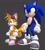 Size: 672x744 | Tagged: safe, artist:novazaru, miles "tails" prower, sonic the hedgehog, fox, hedgehog, 2026, 3d, alternate outfit, alternate shoes, black background, clenched fists, duo, duo male, eyewear on head, goggles, goggles on head, looking offscreen, male, males only, obtrusive watermark, purple shoes, simple background, smile, standing, watermark