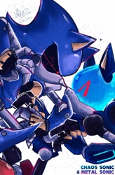Size: 1345x2048 | Tagged: safe, artist:thewilbur__, chaos sonic, metal sonic, 2025, ^^, agender, agender only, black sclera, character name, duo, duo agender, eyes closed, holding them, looking at them, robot, simple background, text, white background