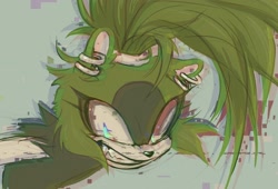 Size: 2048x1396 | Tagged: safe, artist:paracosmicka, surge the tenrec, tenrec, 2024, clenched teeth, female, glitch, grey background, simple background, solo, solo female