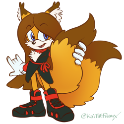 Size: 900x900 | Tagged: safe, artist:kaithephaux, oc, oc:kaliber the fox, fox, 2021, boots, clothes, ear fluff, eyebrow clipping through hair, femboy, flat colors, fur markings, gloves, hair, holding tail, looking at viewer, male, oc only, shoes, simple background, solo, solo male, standing, transparent background, two tails
