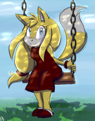 Size: 879x1121 | Tagged: safe, artist:mitzy-chan, zooey the fox, fox, 2015, daytime, dress, eyelashes, female, grass, holding something, outdoors, signature, sitting, slippers, smile, solo, solo female, swing