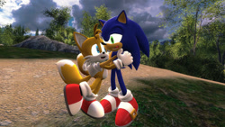Size: 1280x720 | Tagged: safe, artist:cyothelion, miles "tails" prower, sonic the hedgehog, fox, hedgehog, 2021, clouds, cute, duo, duo male, grass, hugging, looking at each other, male, males only, mouth open, open smile, outdoors, smile, standing, tree