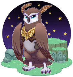 Size: 1000x1060 | Tagged: safe, artist:vavacung, longclaw, bird, owl, 2020, claws, female, grass, looking at viewer, outline, semi-transparent background, solo, solo female, standing, star (sky), star (symbol)