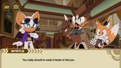 Size: 1920x1080 | Tagged: safe, artist:conniesky3, miles "tails" prower, rouge the bat, oc, oc:myrtle the bird, bat, bird, fox, owl, the murder of sonic the hedgehog, 2023, dialogue, english text, fake screenshot, female, male, remote controller, style emulation, surprised, text, tmosth style, trio