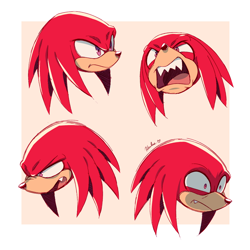 Size: 1000x1000 | Tagged: safe, artist:heilos, knuckles the echidna, echidna, 2023, expression sheet, frown, head only, looking offscreen, male, mouth open, one fang, sharp teeth, signature, solo, solo male