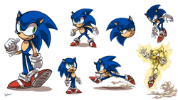 Size: 1200x675 | Tagged: safe, artist:heilos, sonic the hedgehog, super sonic, hedgehog, 2014, dust clouds, flying, frown, lidded eyes, male, mid-air, running, signature, simple background, smile, solo, solo male, standing, super form, tapping foot, white background