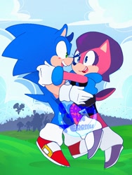 Size: 768x1024 | Tagged: safe, artist:cerberustheterrible, sally acorn, sonic the hedgehog, chipmunk, hedgehog, 2024, celebration, duo, freedom fighters, hugging, sally x sonic, sally's ringblader outfit, shipping, straight, victory celebration, watermark