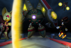 Size: 900x600 | Tagged: safe, artist:hazard-the-porgoyle, e-123 omega, robotnik, rouge the bat, shadow the hedgehog, sonic heroes, 2010, egg emperor, faux 3d, female, fight, fire, flying, group, lineless, male, mechsuit, mid-air, nighttime, outdoors, robot, rouge's heroes bodysuit, shield, sword, team dark