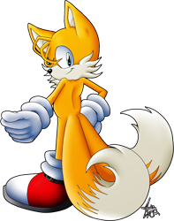 Size: 876x1112 | Tagged: safe, artist:lightningchaos20, miles "tails" prower, fox, 2012, hair over one eye, hand on hip, looking at viewer, looking back, looking back at viewer, male, signature, simple background, smile, smiling at viewer, solo, solo male, standing, transparent background