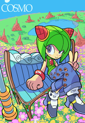 Size: 2908x4187 | Tagged: safe, artist:loopersum, cosmo the seedrian, seedrian, alternate outfit, bench, detailed background, freedom planet, peace sign, solo, solo female