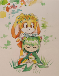 Size: 1080x1398 | Tagged: safe, artist:cheroy, cosmo the seedrian, cream the rabbit, seedrian, best friends, flower crown