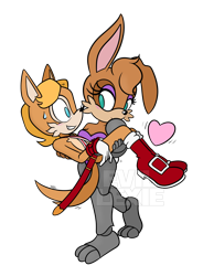 Size: 2647x3600 | Tagged: safe, artist:evillexie, antoine d'coolette, bunnie rabbot, coyote, rabbit, 2018, blank background, buntoine, carrying them, duo, female, heart, male, shipping, straight, watermark
