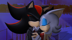 Size: 3920x2204 | Tagged: safe, artist:nyctoshing, rouge the bat, shadow the hedgehog, bat, hedgehog, 2016, alternate outfit, clothes, dress, duo, eyes closed, female, fence, frown, holding each other, male, new years, outdoors, shadouge, shipping, smile, straight, suit