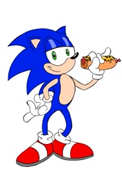 Size: 699x993 | Tagged: safe, artist:spongedayron, sonic the hedgehog, hedgehog, 2025, chili dog, flat colors, food, holding something, lidded eyes, looney tunes style, male, simple background, smile, smiling at viewer, solo, solo male, standing, style emulation, white background