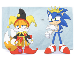 Size: 1200x931 | Tagged: safe, artist:yellowhellion, miles "tails" prower, sonic the hedgehog, fox, hedgehog, 2015, alternate outfit, blushing, crown, duo, duo male, eye twitch, frown, holding something, jester outfit, male, signature, sniggering, sonic and all-stars racing transformed, standing, unamused, wand