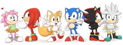 Size: 2000x730 | Tagged: safe, artist:yellowhellion, amy rose, knuckles the echidna, miles "tails" prower, shadow the hedgehog, silver the hedgehog, sonic the hedgehog, echidna, fox, hedgehog, 2015, arms folded, classic amy, classic knuckles, classic shadow, classic silver, classic sonic, classic tails, cute, female, frown, group, hands on hips, heart, male, simple background, smile, standing, v sign, white background, wink