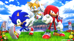 Size: 3840x2160 | Tagged: safe, artist:adverse56, knuckles the echidna, miles "tails" prower, sonic the hedgehog, bird, echidna, fox, hedgehog, sonic heroes, 2023, 3d, abstract background, absurd res, clenched fist, clouds, daytime, double thumbs up, flying, grass, literal animal, looking at viewer, male, males only, mid-air, ocean palace, outdoors, posing, redraw, seagull, smile, smiling at viewer, standing, team sonic, thumbs up, trio, trio male, victory pose, wallpaper