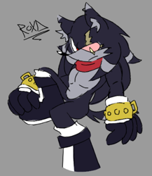 Size: 582x672 | Tagged: safe, artist:rowanxd, hedgehog, flat colors, frown, grey background, looking down, male, red sclera, scar, scarf, signature, simple background, sitting, solo, solo male, terios the hedgehog