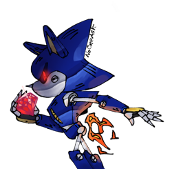 Size: 668x655 | Tagged: safe, artist:chao-chatter, metal sonic, 2020, agender, black sclera, chaos emerald, fire, flame, glowing eyes, holding something, looking at viewer, robot, side view, signature, simple background, solo, solo agender, transparent background