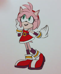 Size: 1679x2048 | Tagged: safe, artist:redwolfemovingurl, amy rose, hedgehog, 2020, female, flat colors, hand on face, looking up, mouth open, open smile, redesign, smile, solo, solo female, sonic boom (tv), traditional media