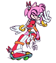 Size: 850x950 | Tagged: safe, artist:vamp-o-lanternz, amy rose, hedgehog, 2019, belt, female, flat colors, rollerskates, shorts, signature, simple background, skating, sketch, smile, smiling at viewer, solo, solo female, transparent background, v sign, warrior feather, wink, winking at viewer