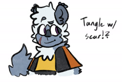 Size: 1882x1283 | Tagged: safe, artist:poorlydrawnwhispangle, tangle the lemur, lemur, 2022, bust, english text, female, flat colors, looking offscreen, scar, simple background, smile, solo, solo female, text, white background
