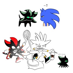 Size: 2000x2000 | Tagged: safe, artist:guitar_00000001, mephiles the dark, shadow the hedgehog, silver the hedgehog, sonic the hedgehog, sonic the hedgehog (2006), 2025, chasing, group, looking at them, running, simple background, spray can, white background