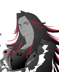 Size: 650x786 | Tagged: safe, artist:guitar_00000001, shadow the hedgehog, human, 2025, arms folded, greyscale, humanized, jacket, looking at viewer, monochrome, necklace, simple background, solo, spot color, white background