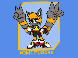 Size: 917x690 | Tagged: safe, artist:13comicfan, miles "tails" prower, tangle the lemur, fox, hybrid, lemur, 2023, double v sign, female, fusion, fusion:tails, fusion:tangle, looking at viewer, smile, smiling at viewer, solo, solo female, v sign, wrench
